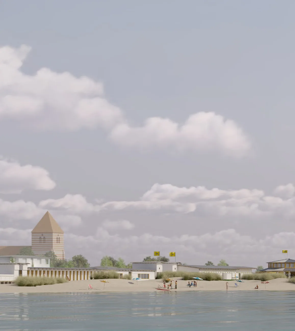 Visualisering af badeanstalten set fra havnen ved solnedgang